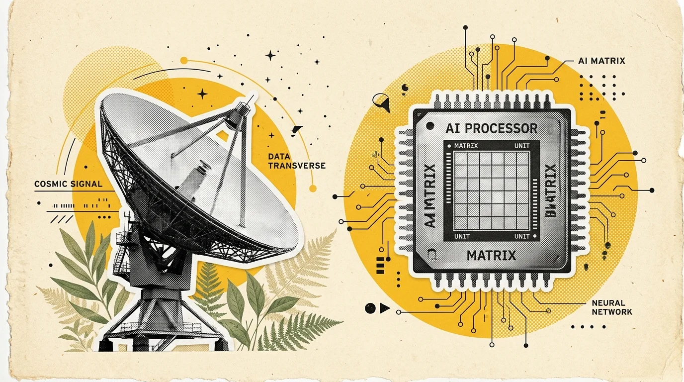 Minimalist vintage editorial illustration of cosmic satellite antenna and neural processor on a warm cream sand background