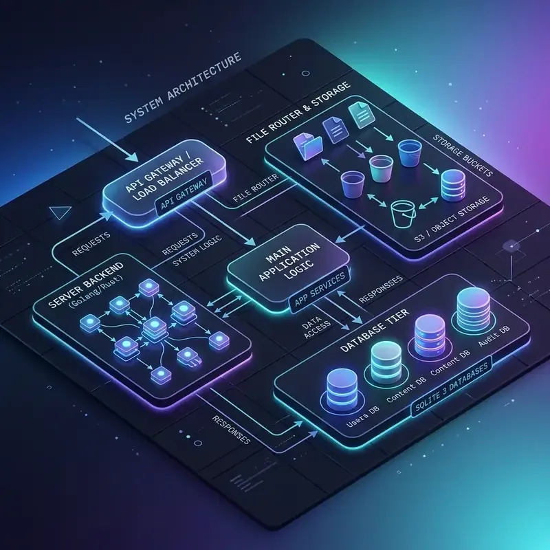 Minimalist 3D editorial illustration representing system architecture modules and connections