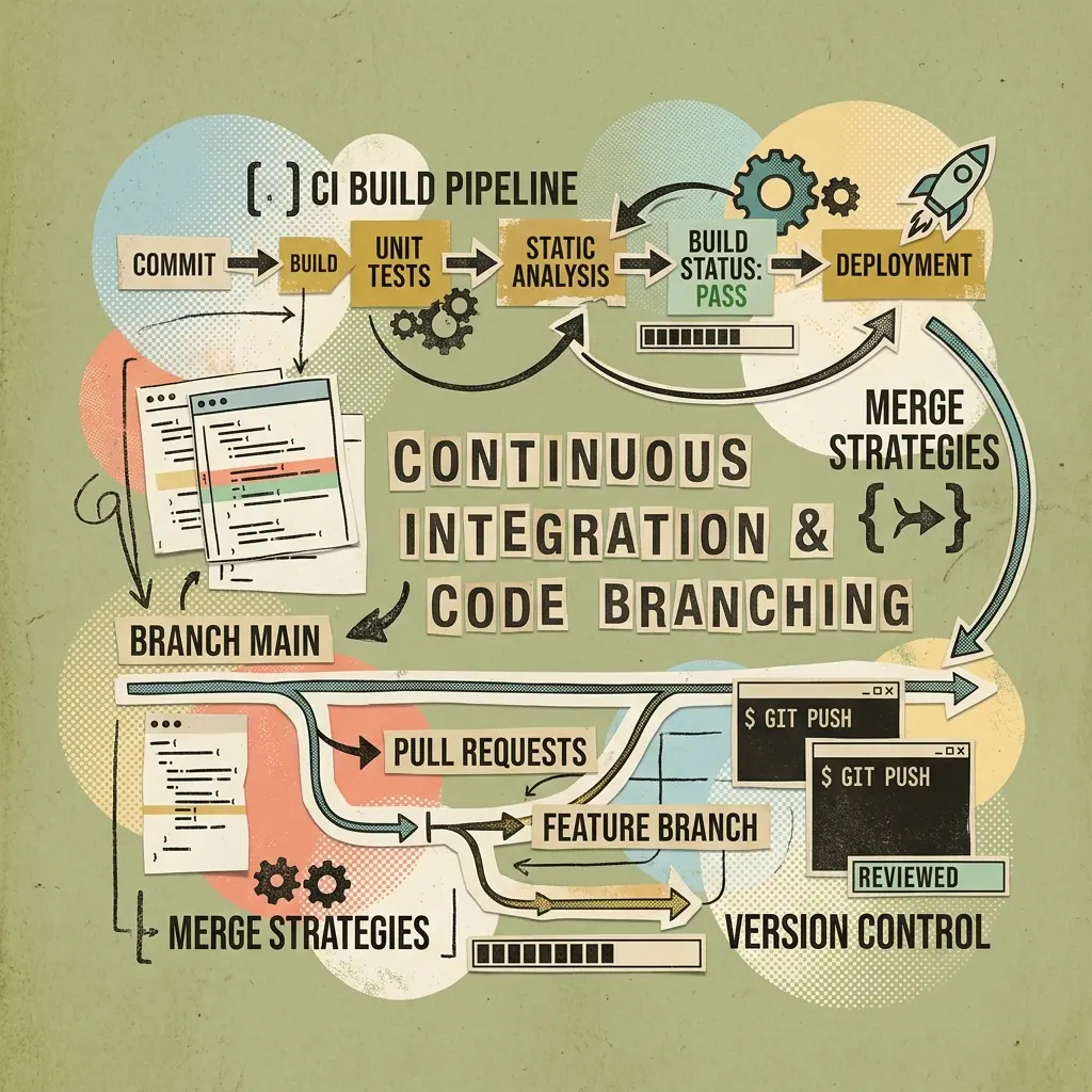 Vintage editorial collage illustration of continuous integration pipelines and pull request code branches on a soft olive background