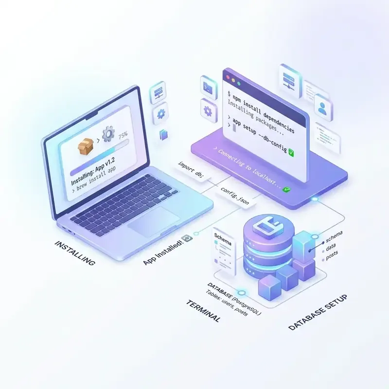 Sleek 3D illustration of terminal commands and database server setups