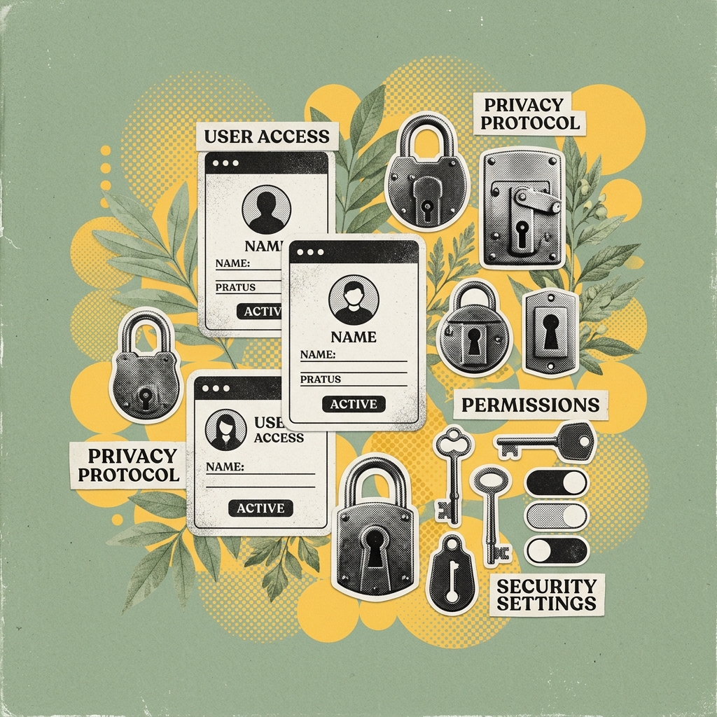 Vintage editorial collage illustration of client permissions, user profiles, and keys on a Sage Green background