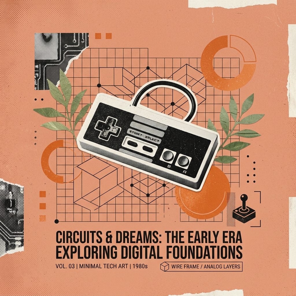 Vintage editorial collage illustration of a retro game controller and wireframe abstract geometry grids on a Soft Terracotta background