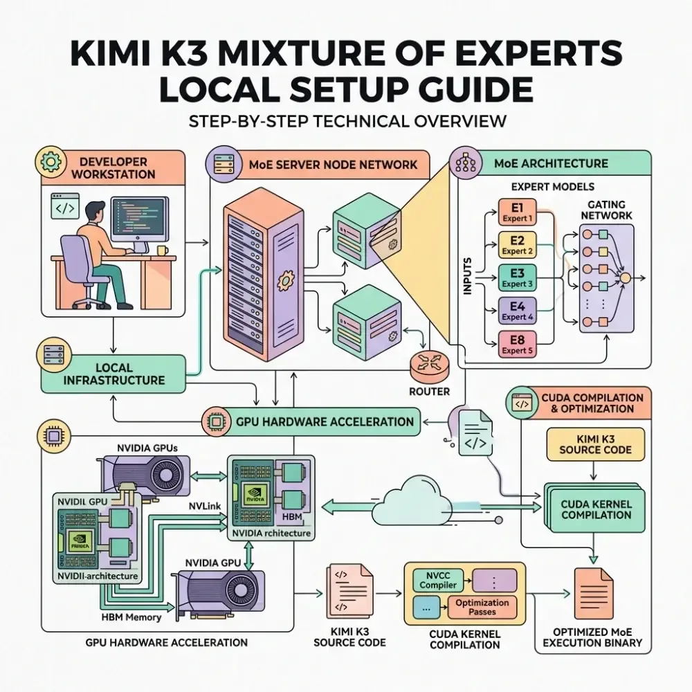 Developer layout schematic explaining Kimi K3 mixture of experts CUDA runtime local setup steps