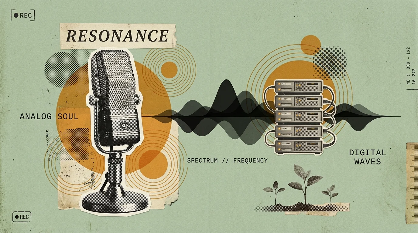 Vintage editorial collage of an acoustic ribbon microphone and digital soundwaves on a sage green background