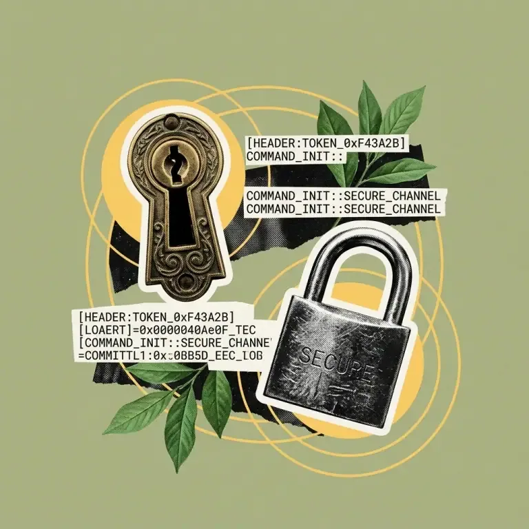 Minimalist vintage editorial collage showing encrypted locks and 401 error resolution badges on a soft olive background