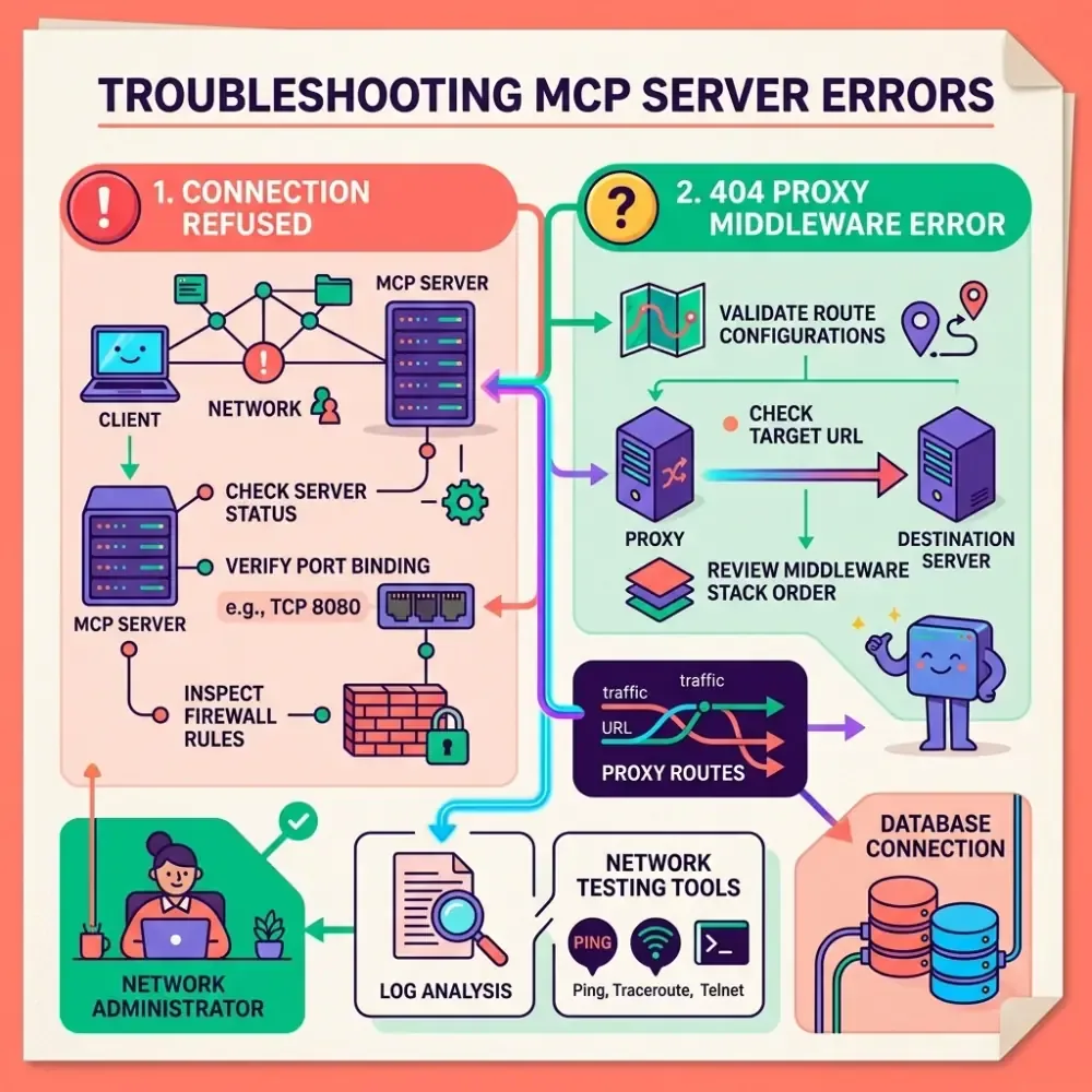 Infographic describing MCP server connection refused and 404 proxy errors