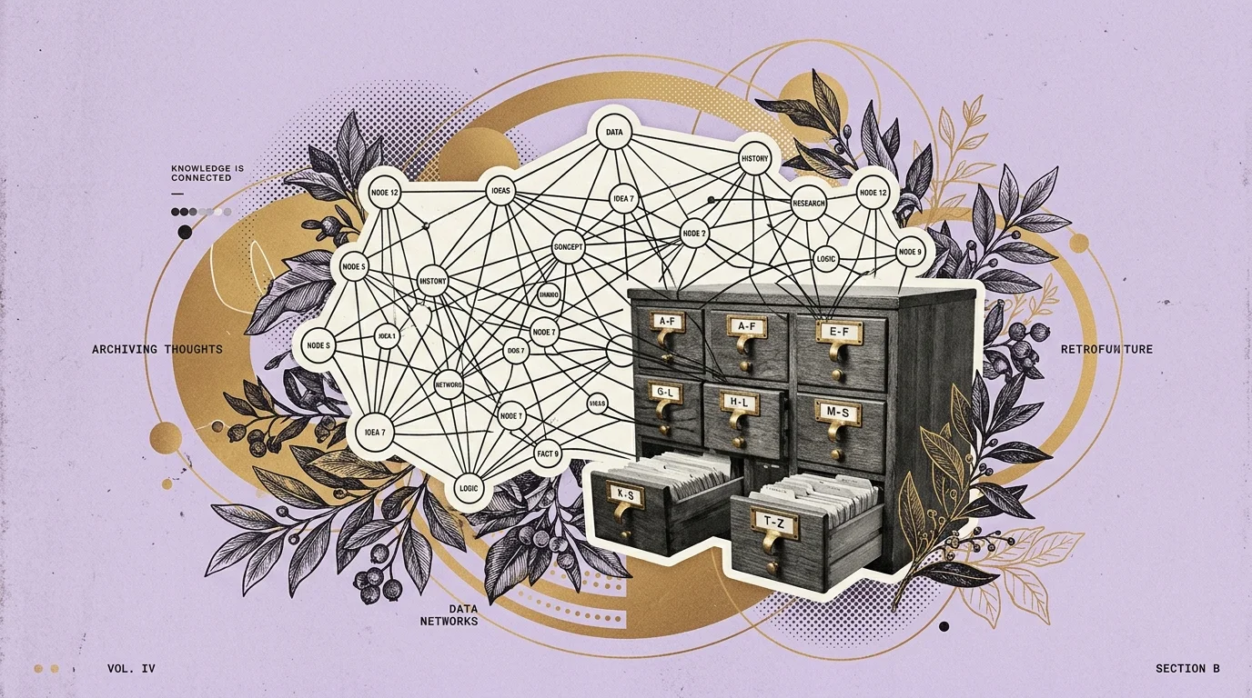 Vintage editorial collage of interconnected knowledge graph nodes, index card catalog, and botanical branches on a lavender background