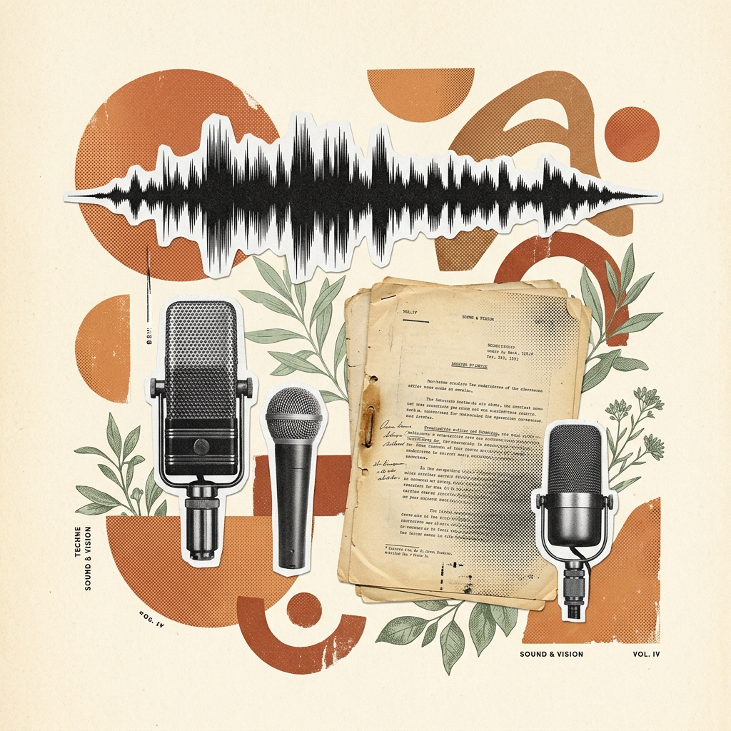 Vintage editorial collage illustration of audio soundwaves, microphone cutouts, and document stacks on a Warm Cream background