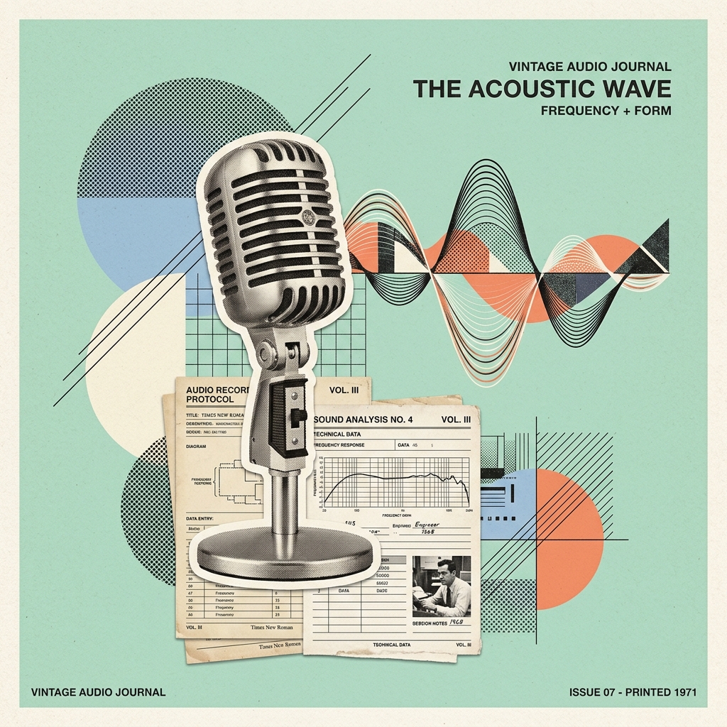 Vintage editorial collage illustration showing an acoustic vintage microphone and soundwave curves on a pastel mint background
