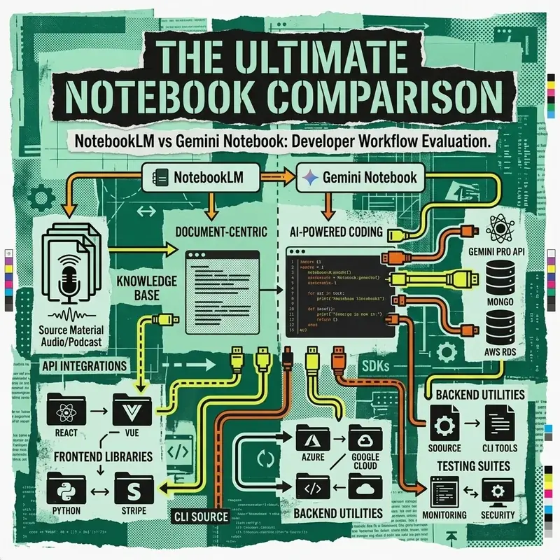 Clean minimalist comparison illustration of NotebookLM vs Gemini Notebook