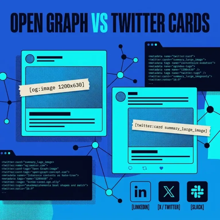Technical diagram comparing OpenGraph and Twitter Card meta tag properties