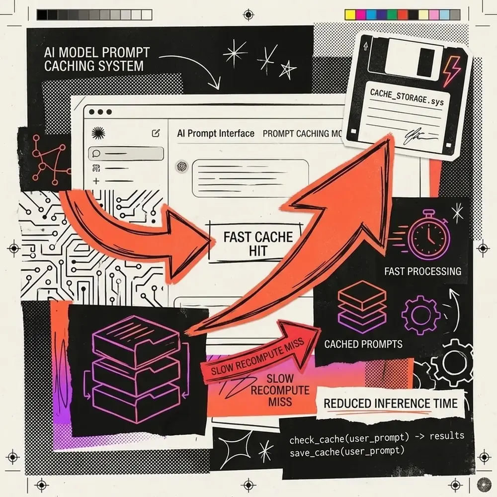 Collage art showing prompt caching concepts with memory chips and data reuse