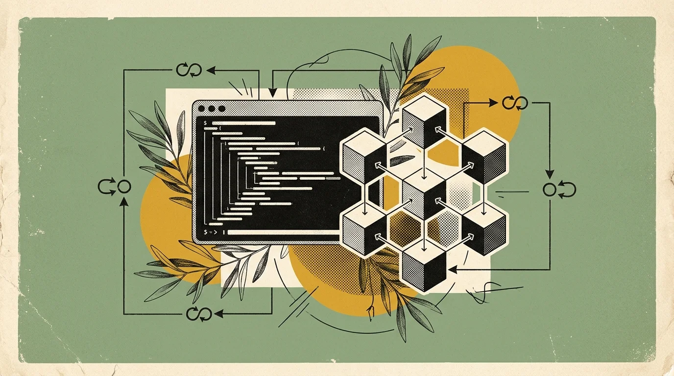 Minimalist vintage editorial illustration representing type-safe AI agent orchestration on a sage green background