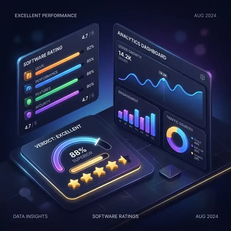 Minimalist 3D editorial illustration representing review ratings and verdict dashboards