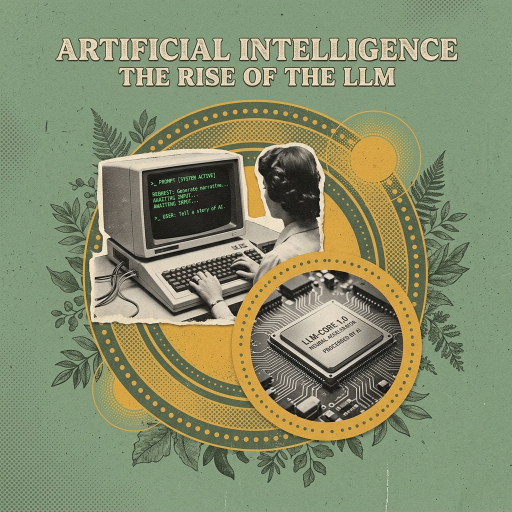 Vintage editorial collage illustration showing a terminal prompt and LLM chip on a sage green background