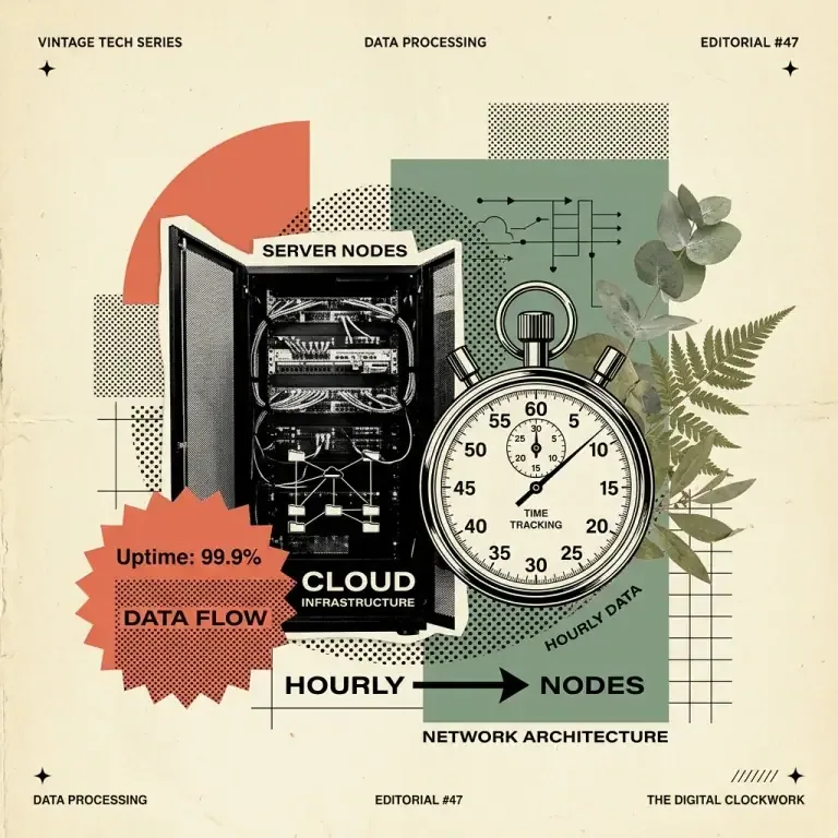 Vintage editorial halftone graphic depicting GPU compute pricing matrices and storage volumes on a soft cream background