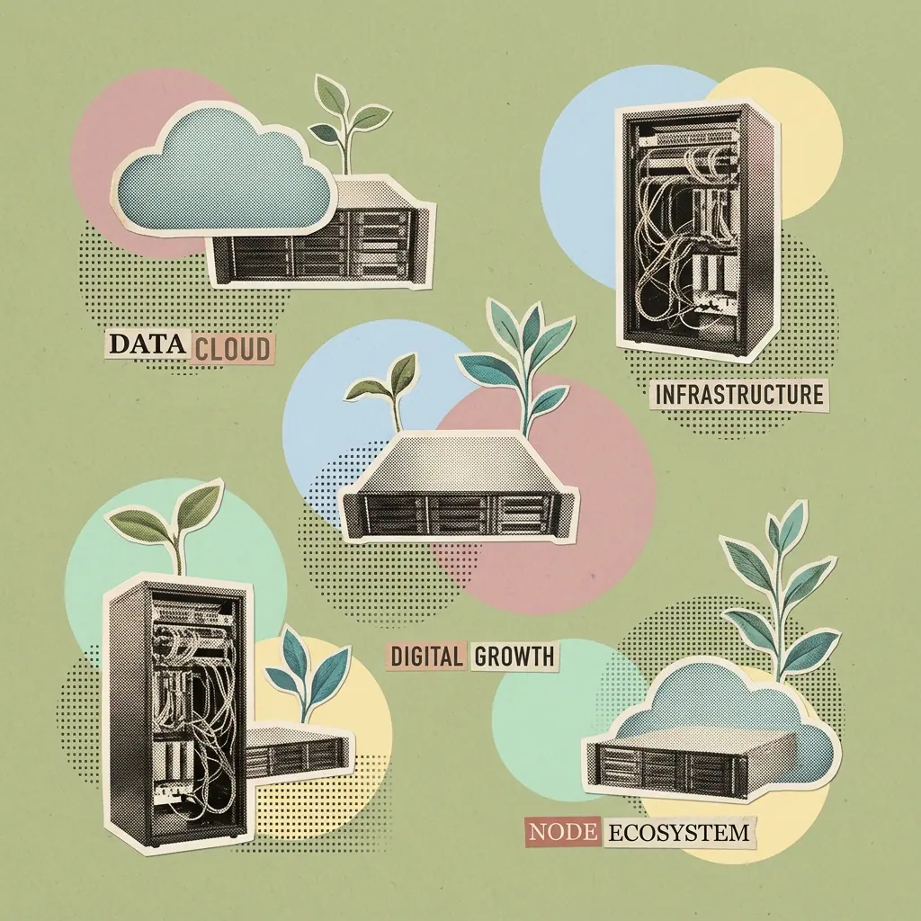 Retro-tech editorial graphic illustrating serverless cloud nodes and bare-metal GPU server racks on a soft olive green background