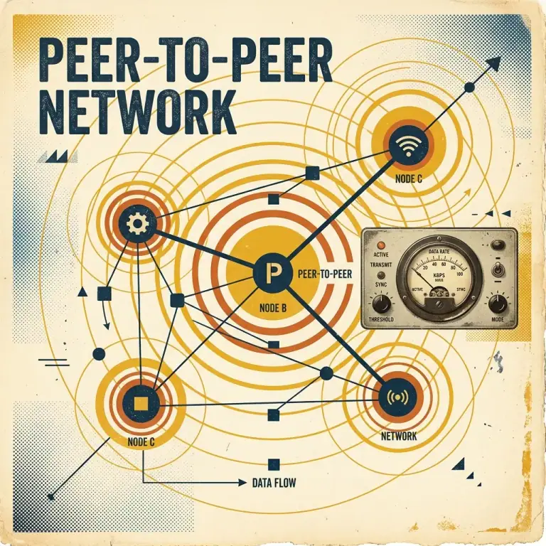 Vintage editorial halftone art showing network marketplace graphs connecting GPU hardware rigs on a warm cream background