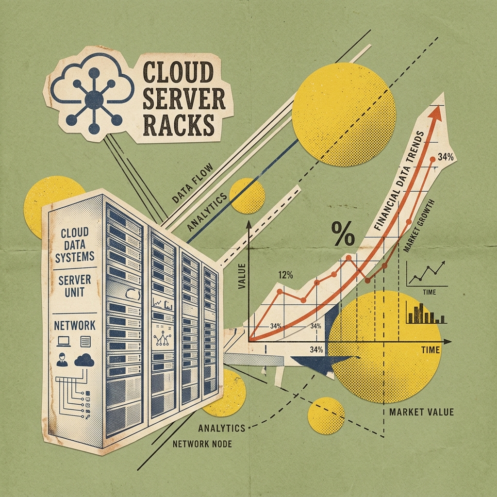 Vintage editorial collage illustration showing cloud server racks and financial cost curves on an olive green background
