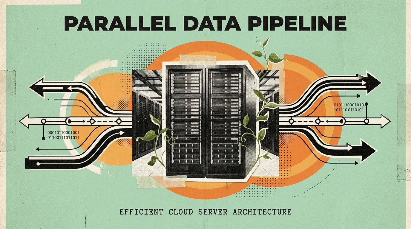 Vintage editorial collage of parallel data pipelines, cloud server racks, and botanical leaves on a mint background