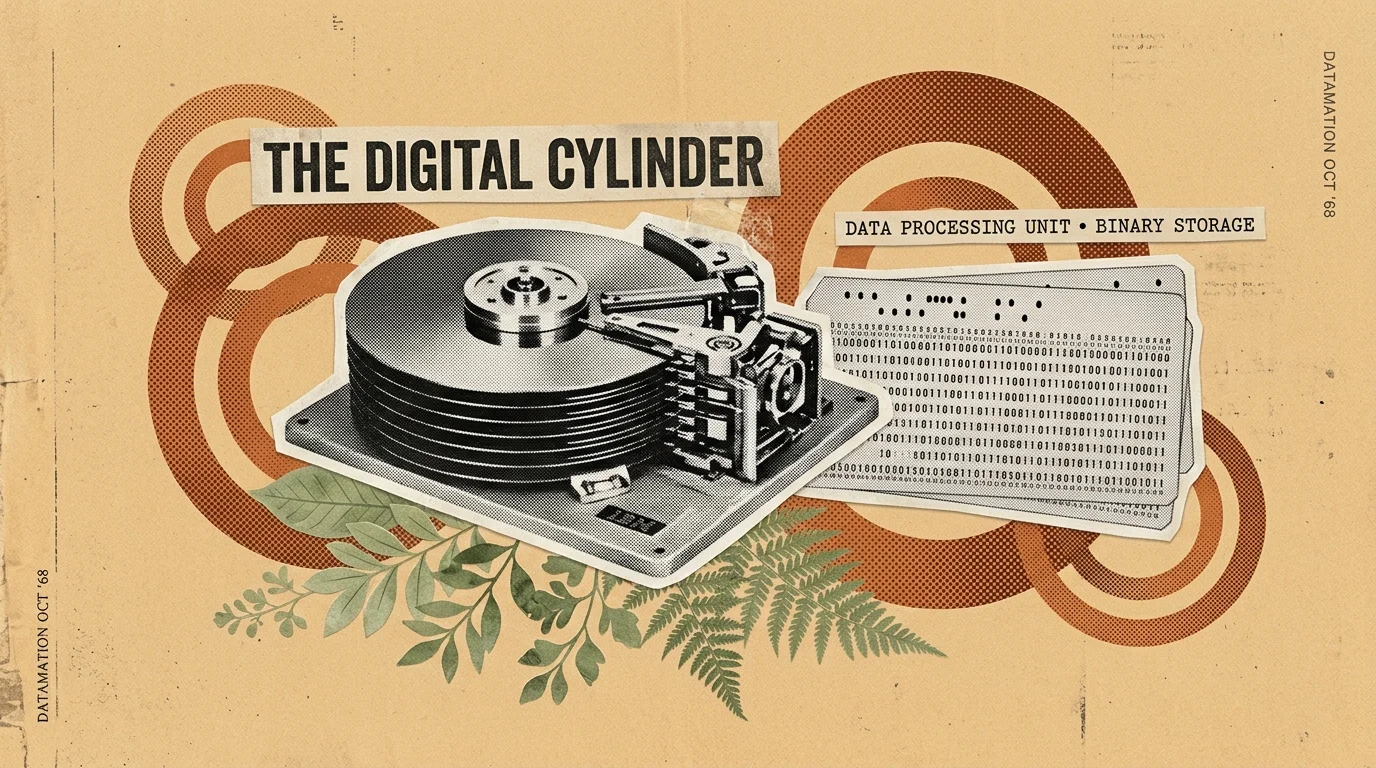 Vintage editorial collage illustration of a hard disk cylinder mechanism, database punch cards, and terracotta geometric rings on a warm sand background