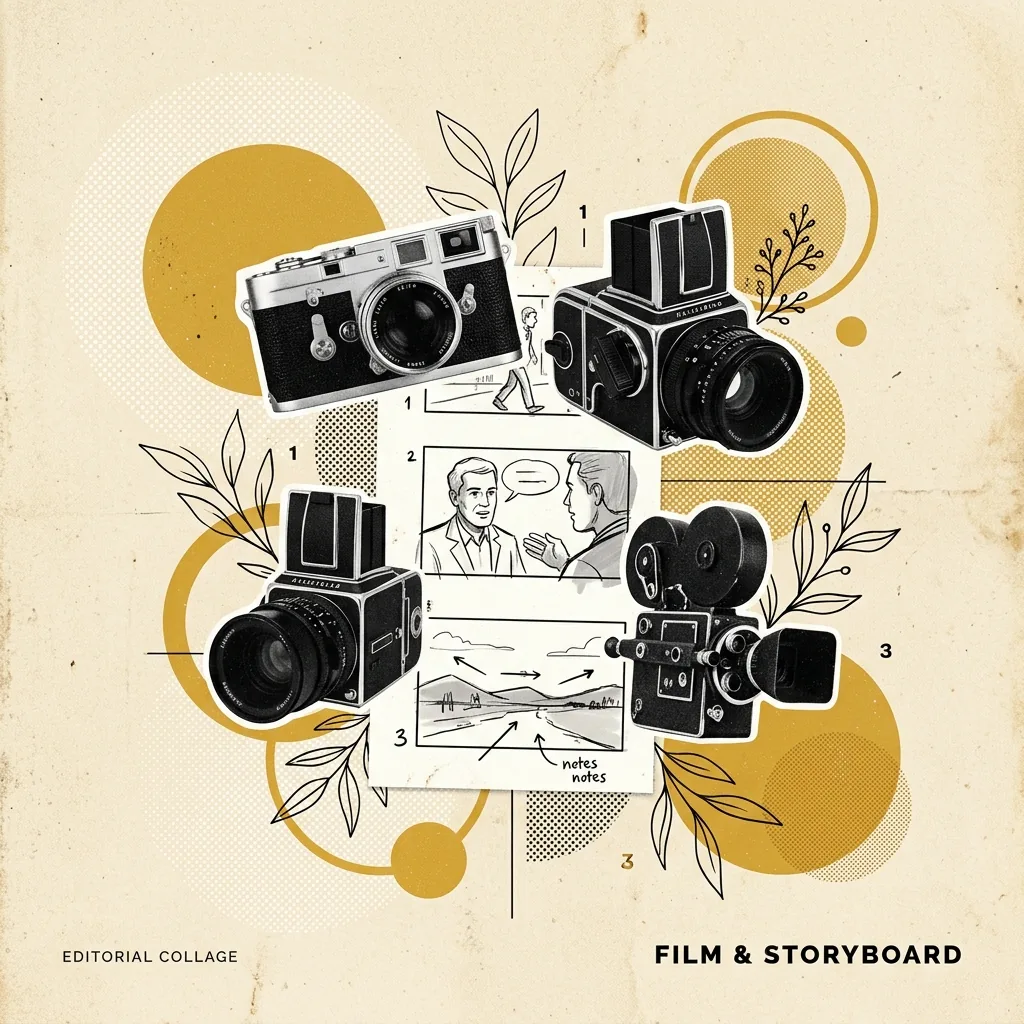 Polished illustration of film strips layered on top of clean floating interface boards in a bright white workspace