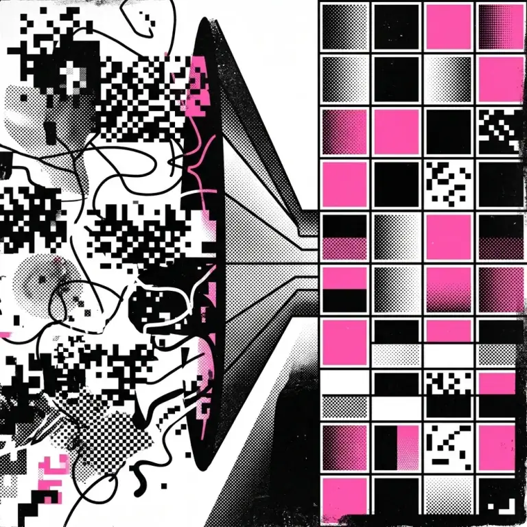 Retro-tech editorial graphic showing chaotic data flowing into a structured rigid grid