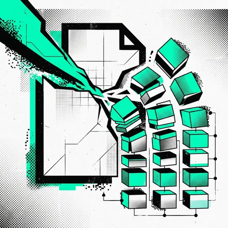 Retro-tech editorial graphic showing a large document being sliced into organized blocks