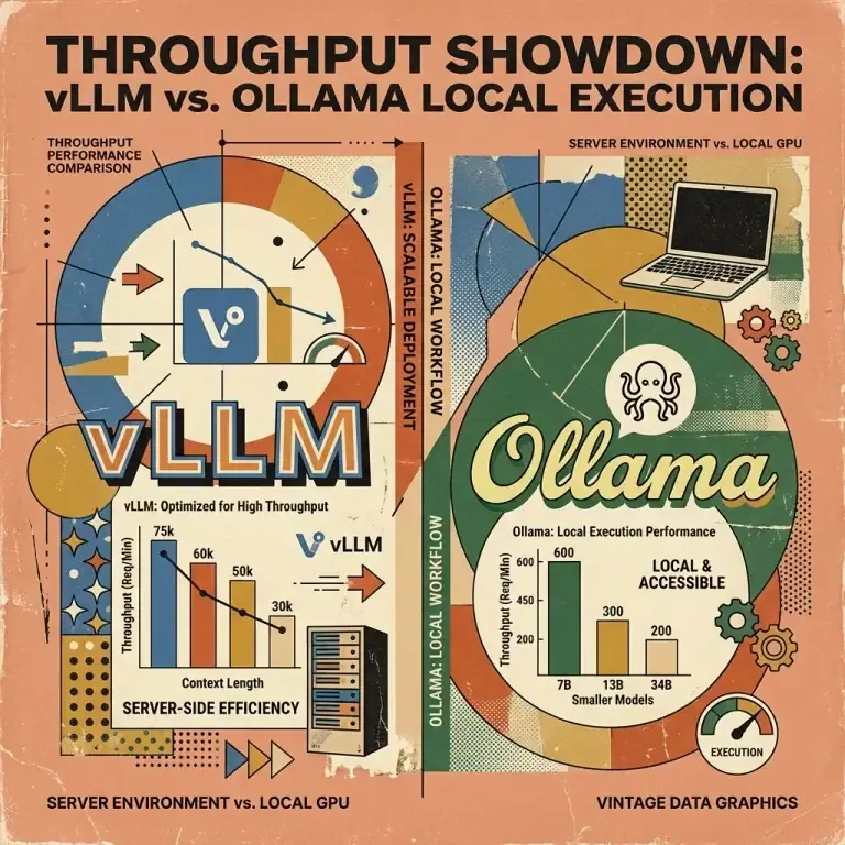 Minimalist vintage editorial illustration comparing vLLM throughput charts against Ollama local execution graphics on a soft terracotta background