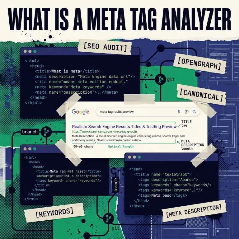 Conceptual illustration of a meta tag analyzer auditing HTML head elements