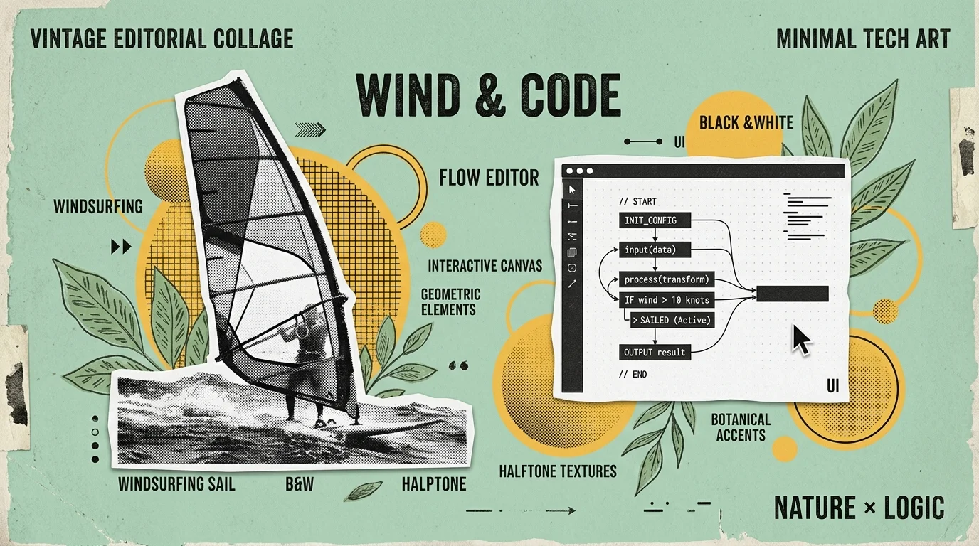 Vintage editorial collage illustration of a windsurfing sail and interactive flow editor on a muted mint background